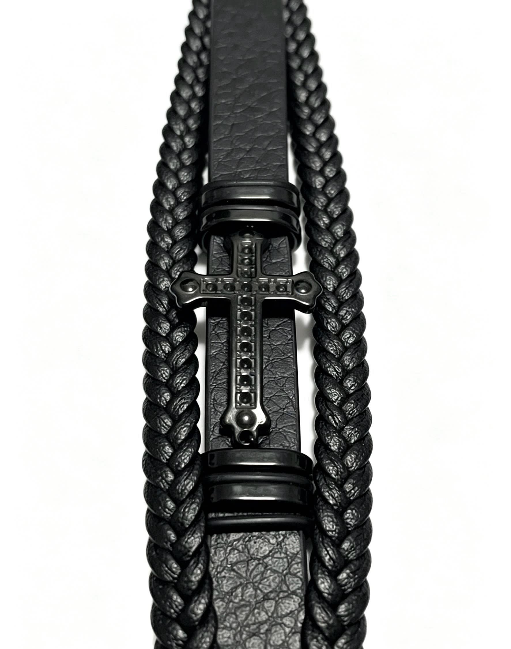 Chrome Hearts Black Braided Leather Bracelet with Cross Clasp
